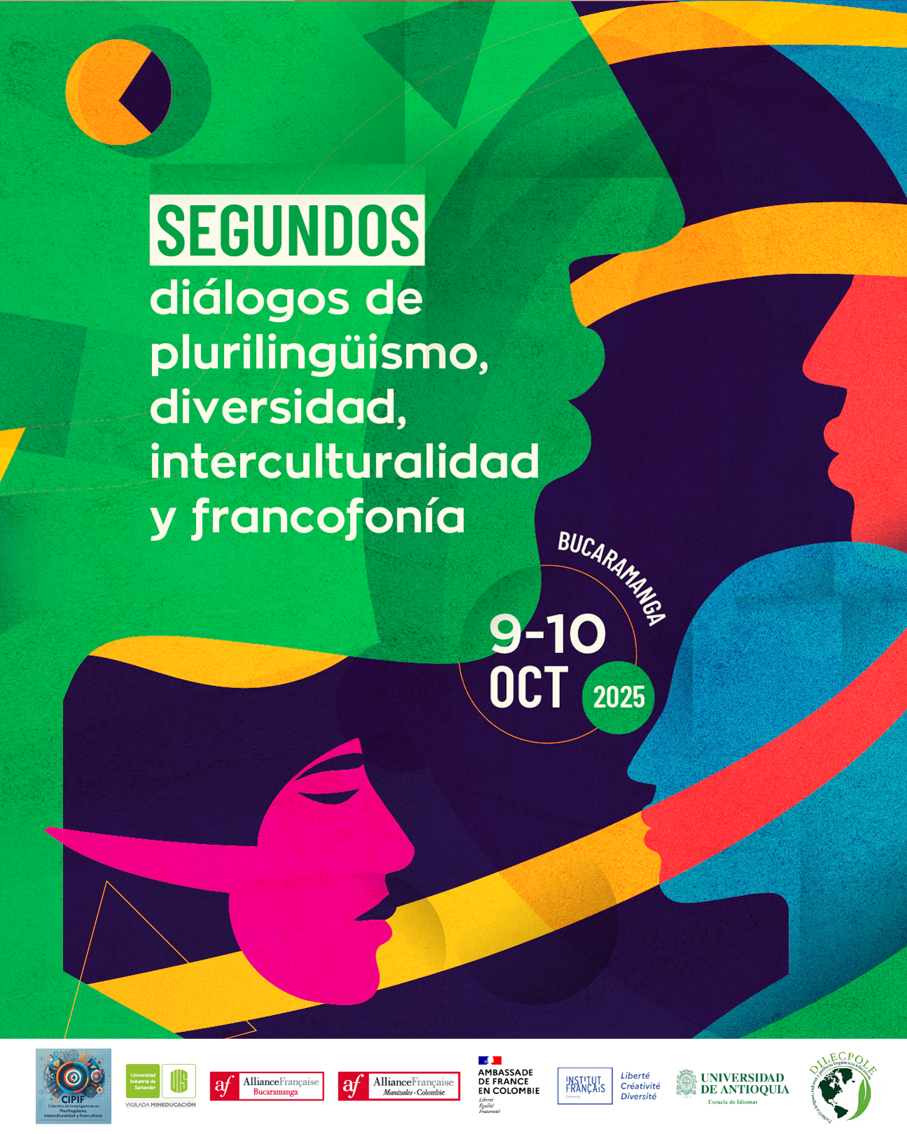 Afiche de los Segundos Diálogos de plurilingüismo, diversidad, interculturalidad y francofonía, Bucaramanga, 9 y 10 de octubre de 2025